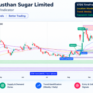 STDS TimeFrame Indicator for Bajaj Hindusthan Sugar Limited showing multi-timeframe trend analysis, supply and demand zones, entry and exit signals, and key price levels on a TradingView chart.